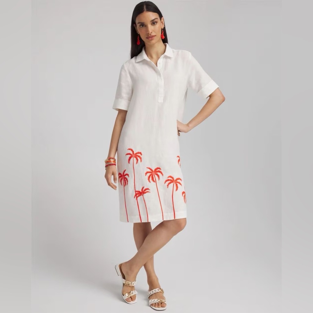 NWT Chico’s Linen Embroidered Palms Dress Size 1 = US M/8